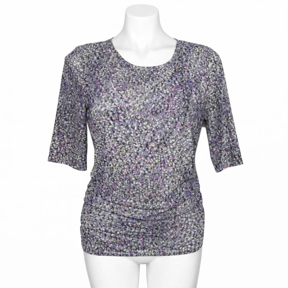 White House Black Market Abstract Confetti-Floral Ruched Mesh Top • Artsy Size M